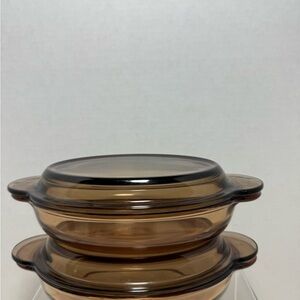 2  corning vision oval casserole dishes V14B Amber W/Pyrex lids P – 14 C